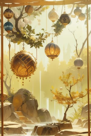 A beautiful world in a gem of amber, ethereal light filtering through translucent layers, ancient flora and fauna frozen in time, shimmering golden hues reflecting intricate details, surrounded by floating orbs of energy, a serene and mystical realm, captured in a mesmerizing digital art style, evoking a sense of wonder and magic,no_humans,niji style,1 girl