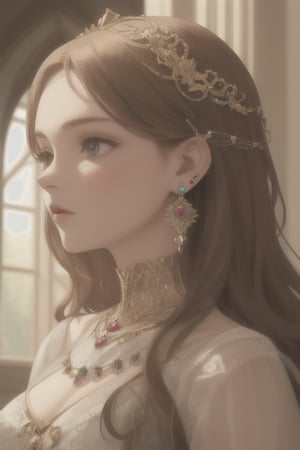 A noble young lady delicately adorning her ears with earrings