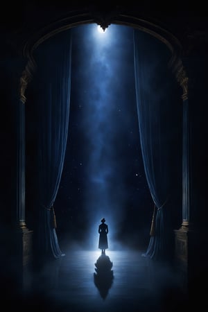 A mysterious figure stands at the edge of a darkened stage, their slender fingers grasping the tattered edges of a midnight-blue velvet curtain. The lighting is dim, with only a sliver of moonlight illuminating the scene. The subject's eyes gleam like stars in the darkness as they slowly draw back the curtain, revealing a swirling vortex of misty fog and twinkling lights beyond.