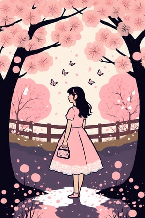 girl in lolita dress, pastel colors, intricate lace details, bow accents, in a blooming cherry blossom garden, with petals floating in the air, surrounded by whimsical fairy lights, a serene and ethereal atmosphere, painting,Graffiti Comic