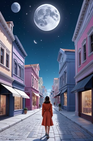 A girl in a Truman Show setting, puzzled expression, walking through a meticulously designed town square, with perfectly arranged storefronts and paved streets, robotic NPCs going about their daily routines, under a simulated moonlit night sky, sense of surrealism and artificiality, 3D rendering style.,APEX colourful ,niji5,art_booster