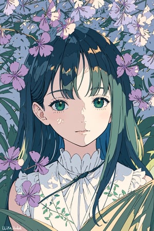 A girl sitting by, a close-up of jacaranda flowers in exquisite detail, showcasing their intricate petals and vibrant color variations, the soft morning light casting a warm glow on the delicate blooms, highlighting their beauty and fragility, set against a blurred background of lush green foliage for contrast, captured in a detailed and lifelike illustration style.,petite