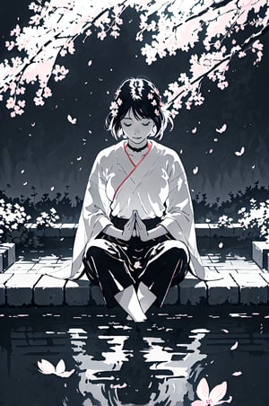 A female philosopher is meditating in a serene garden, surrounded by blooming cherry blossom trees, a gentle breeze rustling the leaves, with a tranquil koi pond reflecting the soft sunlight, creating a peaceful and introspective atmosphere, captured in a watercolor painting style with soft pastel colors and ethereal brushstrokes.,MONOCHROME GLOWING