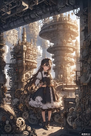 girl in lolita outfit, steampunk-inspired, gears and cogs embellishments, mechanical wings, posing in an industrial steampunk cityscape filled with steam pipes and clockwork machinery, a sense of adventure and futuristic fantasy, realistic photography with a wide-angle lens for a panoramic view