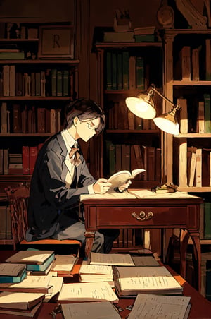 a mathematician is reading a paper, intense focus on complex equations, surrounded by stacks of books and papers, dimly lit study room filled with antique furniture, illuminated by a single desk lamp casting long shadows, compositions highlighting the mathematician’s furrowed brows and intricate hand gestures, atmosphere of intellectual contemplation and discovery, 