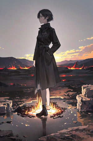 a girl in tartarus, standing on a crumbling stone bridge over a river of molten lava, the heat shimmering in the air, ancient runes glowing faintly on the walls, a sense of isolation and dread pervading the environment, captured in a stark and minimalist artwork style, focusing on the girl’s solitary and vulnerable presence in the harsh and unforgiving landscape.