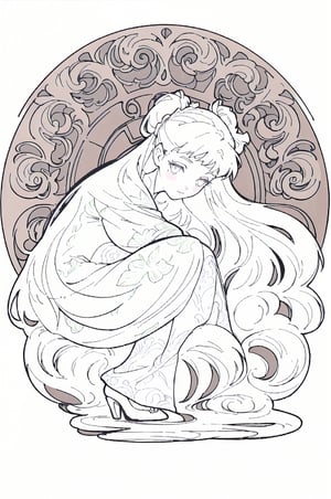 A mesmerizing Art Nouveau illustration of a young girl squatting down, with intricate floral motifs and flowing lines inspired by Alphonse Mucha, pastel colors, swirling patterns, detailed hair in an updo, 