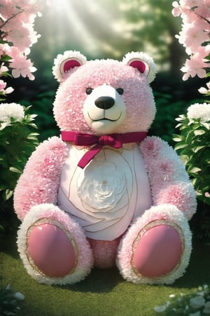 cherry blossoms arranged in the shape of a teddy bear, pink and white petals forming the bear’s body, head, and limbs, delicate petals creating a soft and fluffy texture, displayed in a lush garden surrounded by blooming flowers and greenery, with sunlight filtering through the branches, a whimsical and cheerful scene , emphasizing the intricate details of the cherry blossoms and the teddy bear shape, in a style inspired by Japanese traditional art.