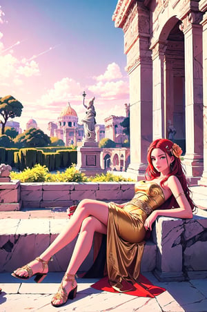 A girl in Ancient Rome, with fiery red hair adorned with golden hairpins, wearing a crimson chiton and embroidered sandals, reclining on a lush green garden terrace overlooking the majestic Colosseum, with marble statues and blooming flowers surrounding her, as the sun sets in the distance casting a warm golden glow, capturing a moment of opulence and luxury in the ancient city,cloudstick,pastel colors