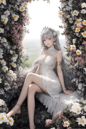 1girl, solo, long hair, looking at viewer, smile, hair ornament, dress, bare shoulders, sitting, very long hair, flower, white hair, barefoot, sleeveless, white dress, grey eyes, white flower, armlet,DArt