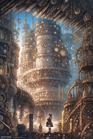 girl in lolita outfit, steampunk-inspired, gears and cogs embellishments, mechanical wings, posing in an industrial steampunk cityscape filled with steam pipes and clockwork machinery, a sense of adventure and futuristic fantasy, realistic photography with a wide-angle lens for a panoramic view