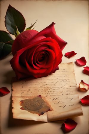 a red rose placed delicately on an antique love letter, petals slightly wilted, ink smudged on the paper, soft candlelight illuminating the scene, surrounded by old romantic novellas and dried rose petals, a feeling of lost love and nostalgia, captured in a vintage monochromatic photography style with a Canon EOS 5D Mark IV camera, 50mm lens, shallow depth of field, composition focused on the rose and the letter, evoking a sense of longing and bittersweet memories.,pretopasin