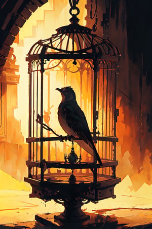 A nightingale inside an open birdcage, yet unable to find its way out. ,nodf_lora