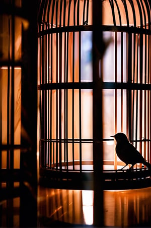 A nightingale inside an open birdcage, yet unable to find its way out. Soft, diffused lighting accentuates the sense of confinement despite the cage being open, symbolizing the struggle for freedom. Captured with a Nikon Z7 to convey the emotional depth and symbolism of the scene.