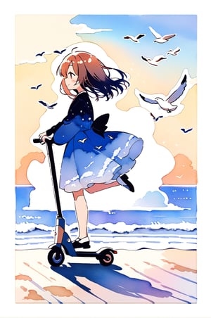 A girl happily gliding on a kickscooter along a peaceful beach boardwalk, the sunlight casting a warm glow on her face, blue dress,  seagulls flying in the background and gentle waves crashing on the shore, a serene atmosphere of relaxation and freedom, watercolor painting style with dreamy pastel colors,best quality,anime,in a jar