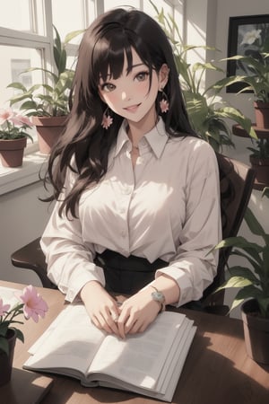 1girl, solo, long hair, looking at viewer, smile, bangs, shirt, black hair, long sleeves, brown eyes, jewelry, sitting, white shirt, flower, earrings, day,  indoors, bracelet, cup, lips, window, chair, table, sunlight, plant, pink flower, hand in own hair, potted plant, vase,