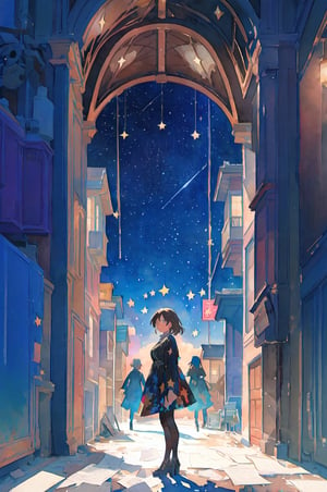 A girl in a Truman Show setting, startled look on her face, standing in front of a fake house facade with painted windows and doors, mechanical actors posing as neighbors in the background, under a dome-like structure with artificial stars twinkling above, unsettling mix of reality and illusion, paper craft style,watercolor