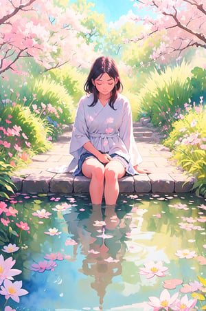 A female philosopher is meditating in a serene garden, surrounded by blooming cherry blossom trees, a gentle breeze rustling the leaves, with a tranquil koi pond reflecting the soft sunlight, creating a peaceful and introspective atmosphere, captured in a watercolor painting style with soft pastel colors and ethereal brushstrokes.