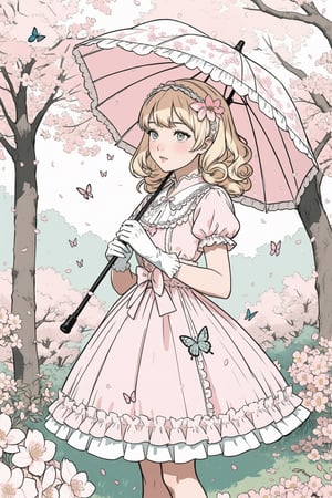girl in lolita, dressed in a pastel pink frilly dress, wearing lace gloves, holding a parasol with intricate floral design, curly blonde hair adorned with bows, standing in a blooming cherry blossom garden, surrounded by fluttering butterflies, soft sunlight filtering through the trees, creating a dreamy and ethereal atmosphere, painted in soft watercolor strokes.,DArt,monochrome,firefliesfireflies,line anime,pastel colors