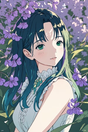 A girl sitting by, a close-up of jacaranda flowers in exquisite detail, showcasing their intricate petals and vibrant color variations, the soft morning light casting a warm glow on the delicate blooms, highlighting their beauty and fragility, set against a blurred background of lush green foliage for contrast, captured in a detailed and lifelike illustration style.,petite