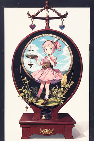 A little girl holding a set of libra scales, known as a "bilanciae," A heart and a feather delicately balanced on each side of the scale, representing justice and balance. 