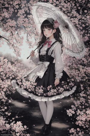 girl in lolita dress, pastel colors, intricate lace details, bow accents, holding a parasol, in a blooming cherry blossom garden, with petals floating in the air, surrounded by whimsical fairy lights, a serene and ethereal atmosphere, painting