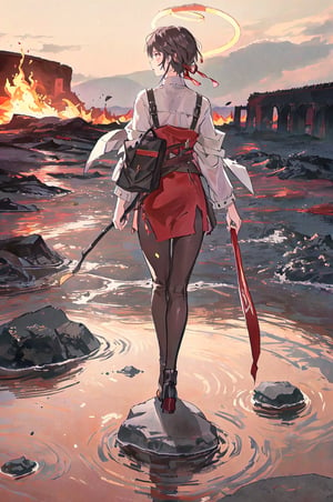 a girl in tartarus, standing on a crumbling stone bridge over a river of molten lava, the heat shimmering in the air