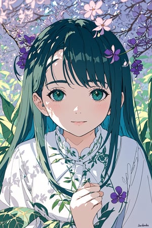 A girl sitting by, a close-up of jacaranda flowers in exquisite detail, showcasing their intricate petals and vibrant color variations, the soft morning light casting a warm glow on the delicate blooms, highlighting their beauty and fragility, set against a blurred background of lush green foliage for contrast, captured in a detailed and lifelike illustration style.,petite