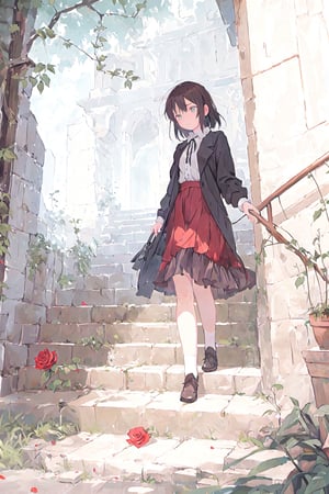 a girl  ascending a staircase,a solitary red rose resting gracefully on the highest staircase step, its velvety petals unfurling to reveal a rich shade of scarlet, set against a backdrop of ancient, moss-covered steps, a sense of timelessness enveloping the scene, with a gentle breeze rustling nearby ivy leaves, evoking a sense of peaceful contemplation soft focus creating a dreamlike quality, in the style of romantic landscape paintings by J.M.W. Turner. 