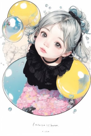 1girl, solo, dress, looking up, child, bubble,pastel colors,ink,DArt