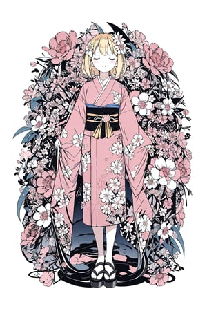 1girl, solo, blonde hair, simple background, hair ornament, long sleeves, white background, holding, standing, full body, closed eyes, flower, japanese clothes, hair flower, wide sleeves, kimono, sash, rose, obi, floral print, white flower, pink kimono, peony \(flower\),DArt,masterpiece