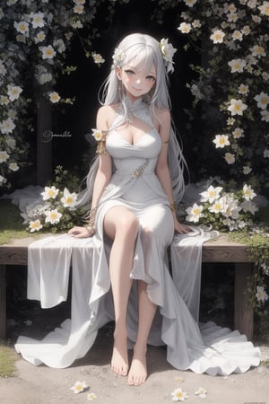 1girl, solo, long hair, looking at viewer, smile, hair ornament, dress, bare shoulders, sitting, very long hair, flower, white hair, barefoot, sleeveless, white dress, grey eyes, white flower, armlet,DArt