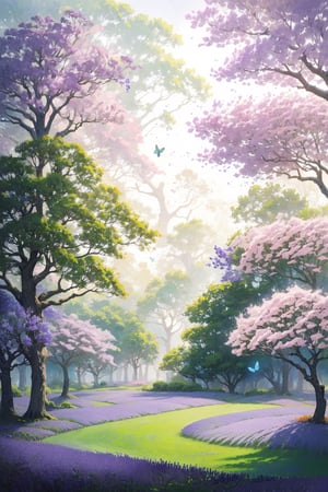 jacaranda tree in full bloom, with purple flowers cascading down its branches, delicate green leaves shimmering in the sunlight, surrounded by a lush garden filled with vibrant colors of various flowers, butterflies fluttering around, creating a dreamy and magical atmosphere, captured in a soft and ethereal painting style. 