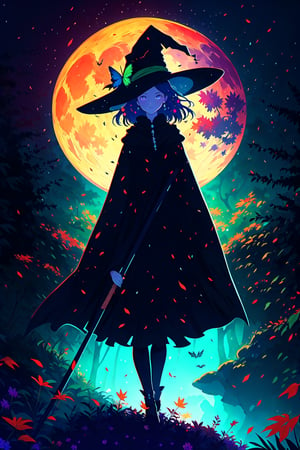 A young witch gracefully soaring through a mystical forest on her enchanted broomstick, wearing a flowing black cloak, pointed hat, and holding a sparkling wand, surrounded by colorful autumn leaves and whimsical creatures, the forest filled with vibrant shades of green, orange, and purple, a full moon shining brightly overhead, emphasizing the witch’s silhouette against the moonlit sky, in a style similar to classic fairytale illustrations