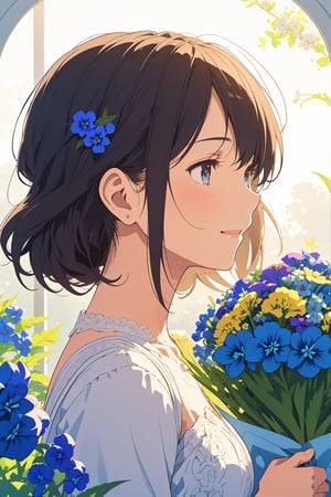 A serene side profile of a young girl, with a gentle smile, holds a bouquet of delphiniums against a soft, creamy background. The flowers' vibrant blue hue and delicate stems create a striking contrast to the subject's soft features. Natural light casts a warm glow, highlighting the texture of her hair and the subtle play of shadows on her face.