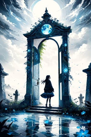 a young girl crossing through a door leading to two different worlds, one world full of lush greenery and vibrant flowers, the other world dark and mysterious with swirling storm clouds, the door adorned with intricate carvings and glowing runes, the environments merging around the doorway, creating a surreal and dreamlike scene, a mix of fantasy and reality, captured in a digital painting style with surreal elements and vivid colors. ,island,LegendDarkFantasy,dataviz style,more detail XL