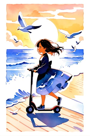 A girl happily gliding on a kickscooter along a peaceful beach boardwalk, the sunlight casting a warm glow on her face, blue dress,  seagulls flying in the background and gentle waves crashing on the shore, a serene atmosphere of relaxation and freedom, watercolor painting style with dreamy pastel colors,best quality,anime,in a jar,breakdomain