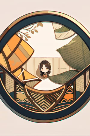 pattern made of leaves,a girl in circle frame, green, yellow, brown, orange colors, dreamy painting