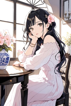 1girl, solo, long hair, looking at viewer, dress, black hair, long sleeves, brown eyes, jewelry,  sitting,  flower, earrings, parted lips, day,  indoors, bracelet, cup, lips, window, chair, table, sunlight, pink flower, hand in own hair, potted plant, vase,