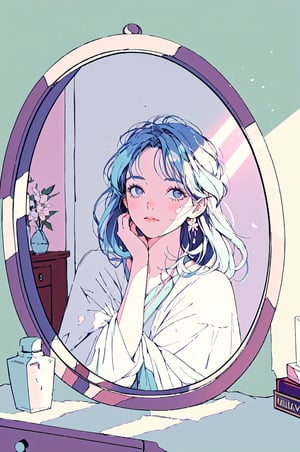 a girl fixing her hair, strands of hair falling gently on her face, sunlight streaming through a window casting a warm glow, a mirror reflecting her concentration, cluttered with hair accessories, a cozy bedroom with soft pastel walls, vintage furniture and fairy lights, a sense of tranquility and self-care,