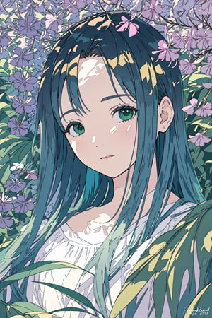 A girl sitting by, a close-up of jacaranda flowers in exquisite detail, showcasing their intricate petals and vibrant color variations, the soft morning light casting a warm glow on the delicate blooms, highlighting their beauty and fragility, set against a blurred background of lush green foliage for contrast, captured in a detailed and lifelike illustration style.,petite