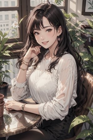 1girl, solo, long hair, looking at viewer, smile, bangs, shirt, black hair, long sleeves, brown eyes, jewelry, sitting, white shirt, flower, earrings, day,  indoors, bracelet, cup, lips, window, chair, table, sunlight, plant, pink flower, hand in own hair, potted plant, vase,Extremely Realistic