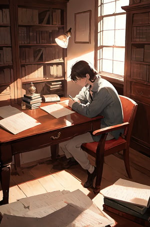 a mathematician is reading a paper, intense focus on complex equations, surrounded by stacks of books and papers, dimly lit study room filled with antique furniture, illuminated by a single desk lamp casting long shadows, compositions highlighting the mathematician’s furrowed brows and intricate hand gestures, atmosphere of intellectual contemplation and discovery, 