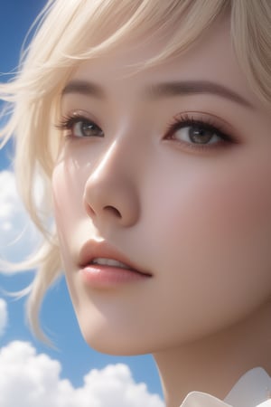 a close up of a woman's face with clouds in the background, top rated on pixiv, very very pale blond hair, photoreailstic, featured on cg society, touch, realistic lighting, popular korean makeup, subtle lens flare, inspired by Kiyohara Tama, 16k upscaled image, perfect human female specimen