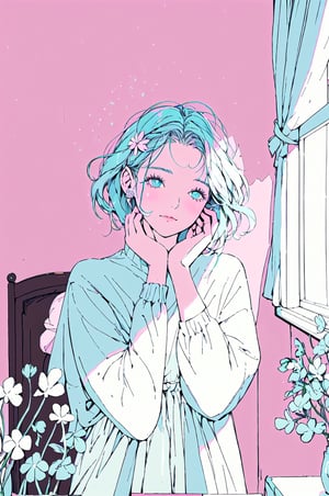 a girl fixing her hair, strands of hair falling gently on her face, sunlight streaming through a window casting a warm glow, a mirror reflecting her concentration, cluttered with hair accessories, a cozy bedroom with soft pastel walls, vintage furniture and fairy lights, a sense of tranquility and self-care,Frieren,Lucky Clover