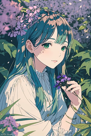 A girl sitting by, a close-up of jacaranda flowers in exquisite detail, showcasing their intricate petals and vibrant color variations, the soft morning light casting a warm glow on the delicate blooms, highlighting their beauty and fragility, set against a blurred background of lush green foliage for contrast, captured in a detailed and lifelike illustration style.,petite