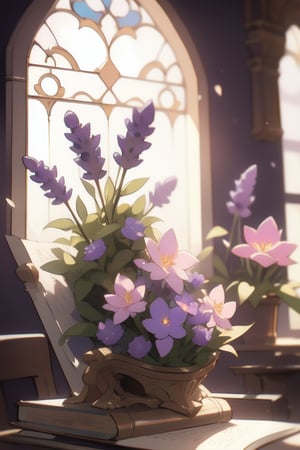 A delicate lavender-hued image unfolds before us. The framing is a soft, curved rectangle, as if gazing through a vintage window frame. Warm golden lighting casts a gentle glow on the subject, situated amidst a whimsical floral arrangement in shades of purple and pink. The subject's pose is relaxed, with one hand cradling a delicate lavender bloom, while the other holds a worn leather-bound book.