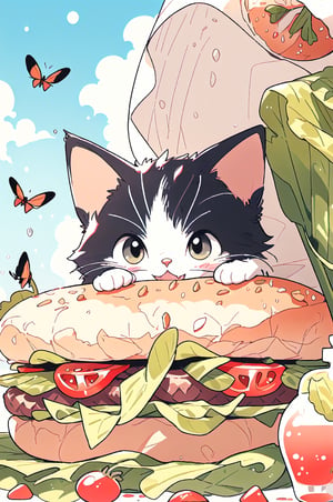 a mischievous black-and-white cat nestled within a hamburger bun, each paw playfully touching lettuce leaves and tomato slices, a hint of ketchup staining its whiskers, a humorous and whimsical scene set on a checkered picnic blanket under a clear blue sky, surrounded by playful ants and curious bees