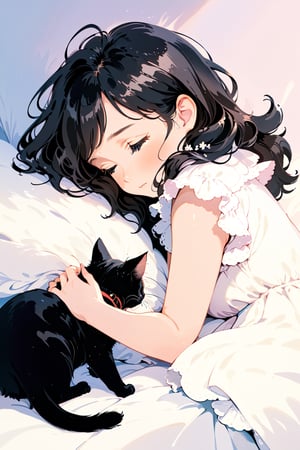 a girl gently touches the curled-up cat,