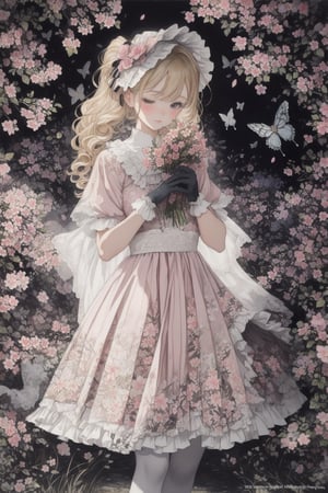 girl in lolita, dressed in a pastel pink frilly dress, wearing lace gloves, holding a sunshade with intricate floral design, curly blonde hair adorned with bows, standing in a blooming cherry blossom garden, surrounded by fluttering butterflies, soft sunlight filtering through the trees, creating a dreamy and ethereal atmosphere, painted in soft watercolor strokes.,DArt